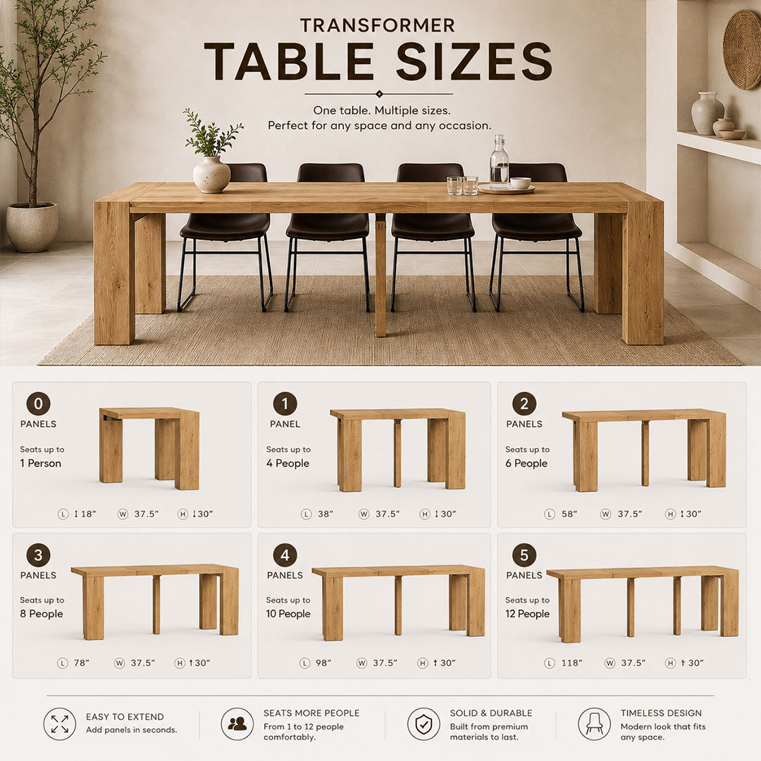 Transformer Table - Solid Wood Extendable Dining Table (Seats 2-12)