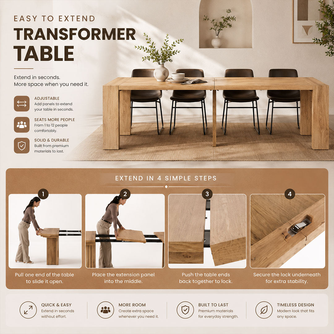 Transformer Table - Solid Wood Extendable Dining Table (Seats 2-12)