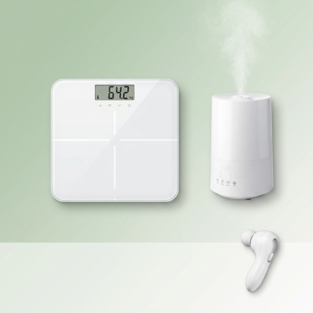A white smart scale and white ultrasonic humidifier are shown on a pale green background, with a pair of white wireless earbuds floating below. The scale has a digital display reading 64.